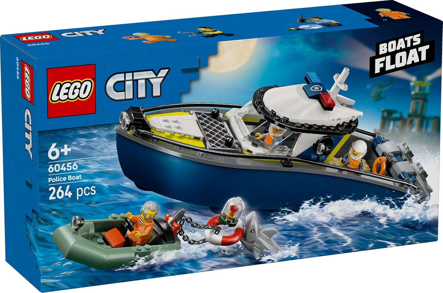 LEGO Conjunto de Perseguição de Barco Policial City - inclui 2 barcos de brinquedo, 3 minifiguras e um tubarão - Presente para meninos e meninas a partir de 6 anos - 60456
