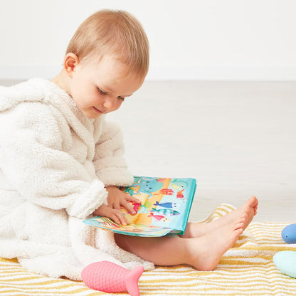 Janod - Livro de banho interativo com 3 brinquedos de aspersão incluídos - 1 livro + 3 aspersores - Desenvolve habilidades motoras finas - Fácil de limpar - A partir de 10 meses - J04733