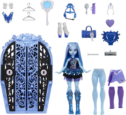 Monster High Boneca e acessórios Skulltimate Secrets, Monster Mysteries Abbey Bominable com guarda-roupa para vestir e mais de 19 surpresas, incluindo roupas, HXH87