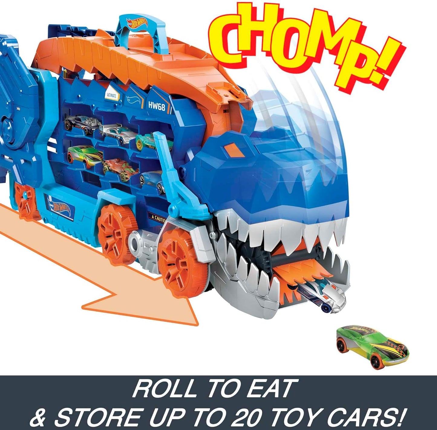 Hot Wheels City Racetrack, Ultimate T-Rex Transporter 2 em 1 com luzes e sons, armazenamento de brinquedos para 20 carros, inclui 2 carros de brinquedo, brinquedos para maiores de 4 anos, um pacote, HNG50