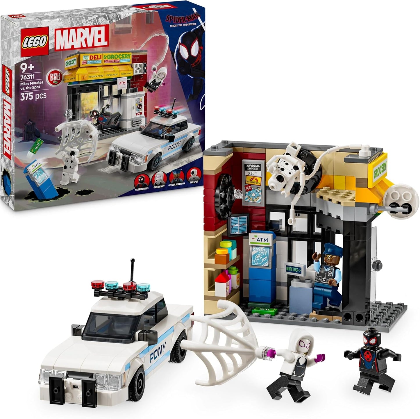 LEGO Marvel Spider-Verse: Miles Morales vs. The Spot - Playset de super-heróis com um carro de brinquedo montável, 4 minifiguras e uma loja - presente de aniversário para meninos e meninas de 9 anos ou mais