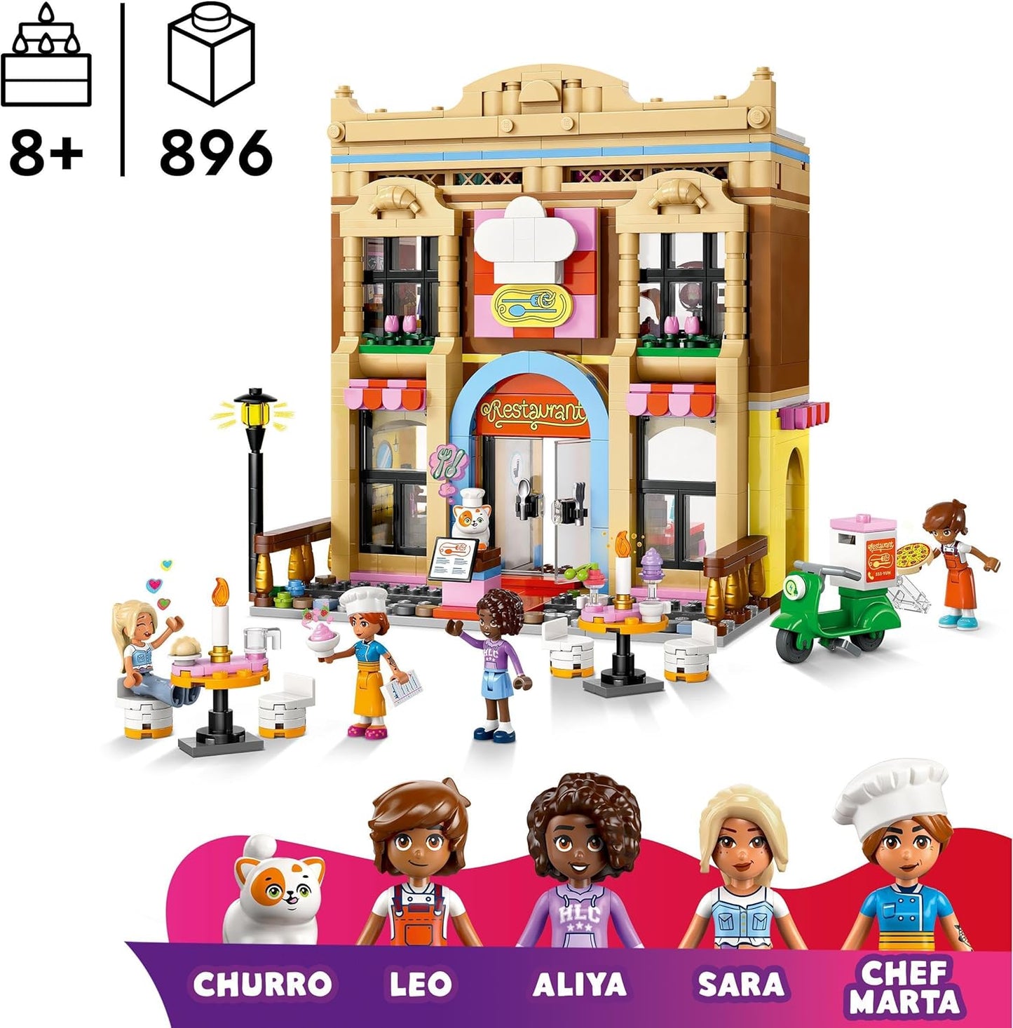 LEGO Friends Restaurant and Cooking School Set, Food Role-Play Toy with 4 Character Mini Dolls, a Cat Figure and Accessories, Birthday Gift for 8 Plus Year Old Girls