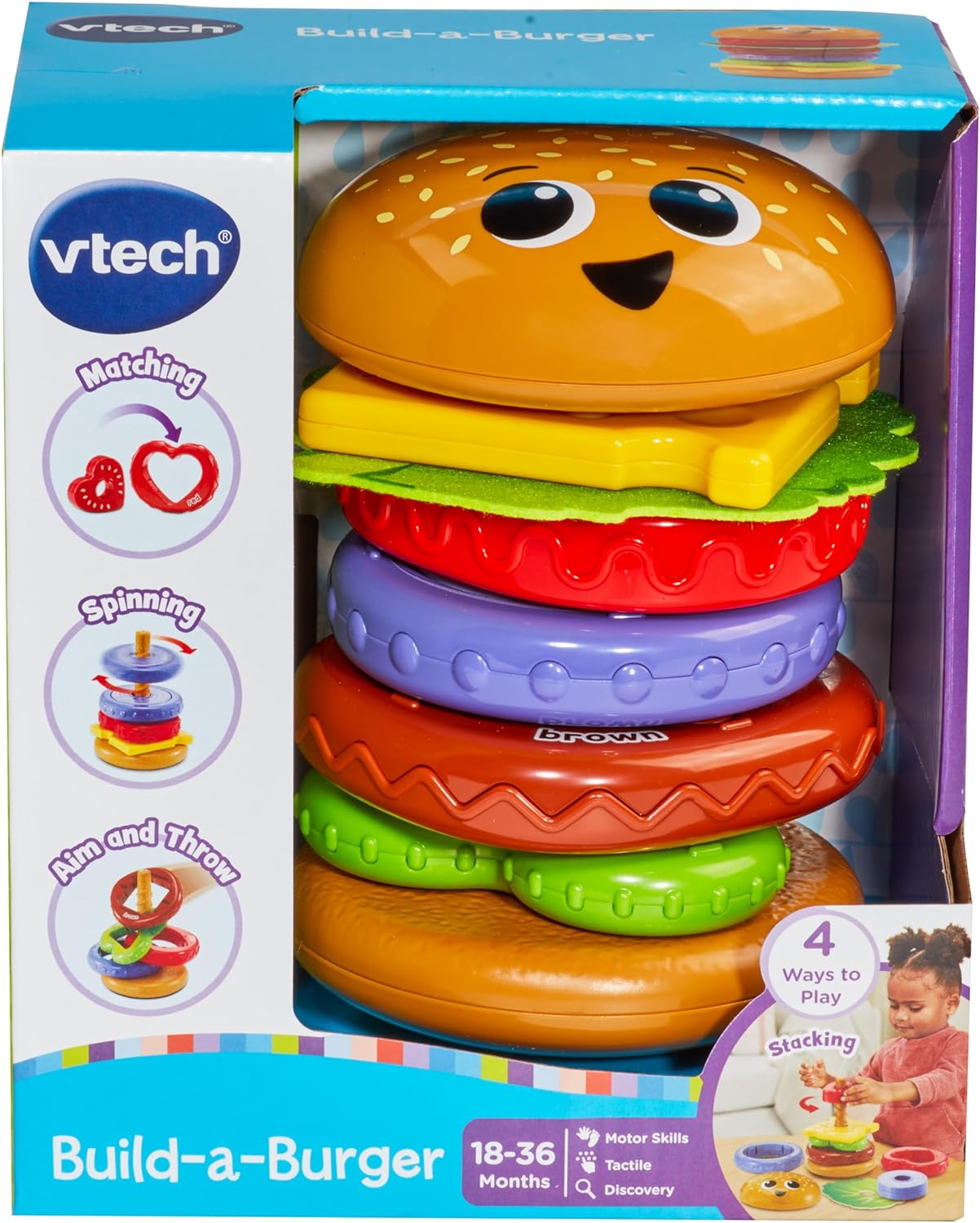 VTech Brinquedo para construir um hambúrguer, empilhar e classificar para bebês com 6 pedaços de comida, classificação de formas, brincadeira de empilhar, combinar, girar e cores, presente para bebês de 18, 24 meses ou mais, versão em inglês