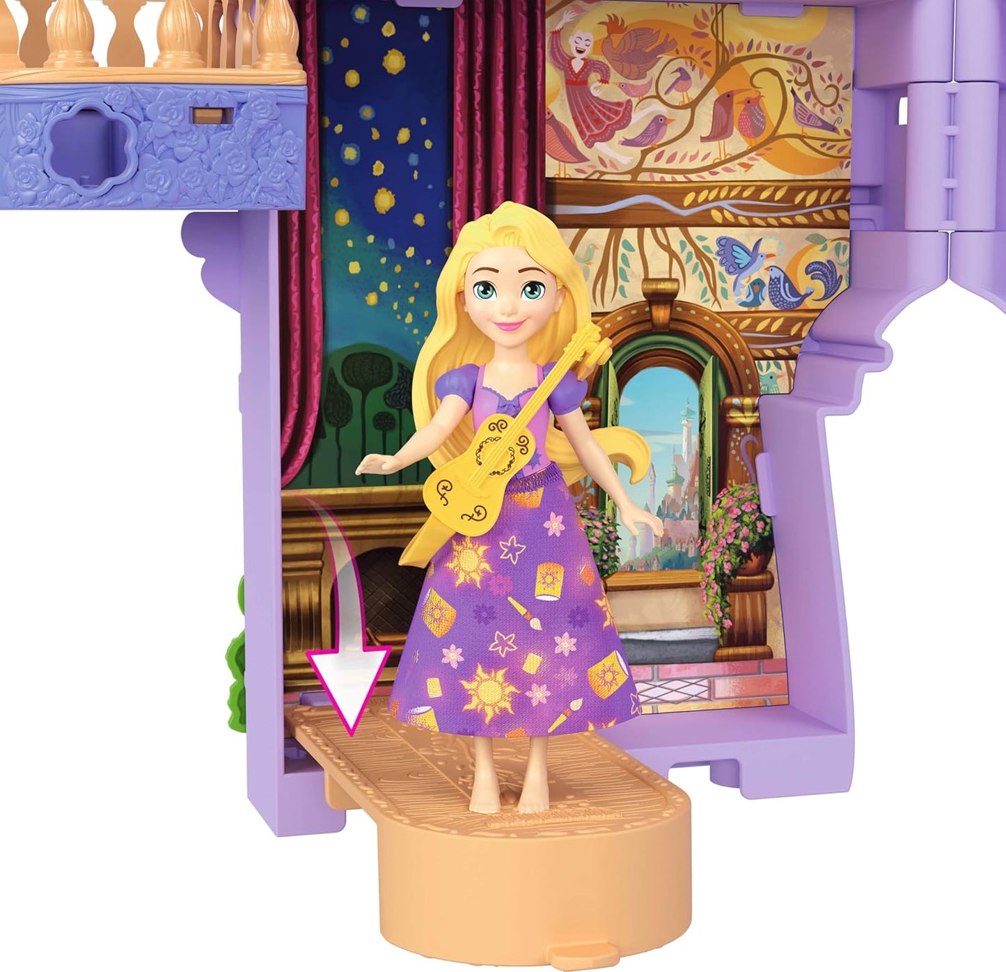 Mattel Conjunto de Brinquedo Casa de Bonecas Disney Princess Rapunzel Storytime Stackers da | Boneca pequena articulada da Rapunzel com saia removível, figura do animal Pascal e 7 acessórios; inspirado em "Enrolados" da Disney (JDP61)