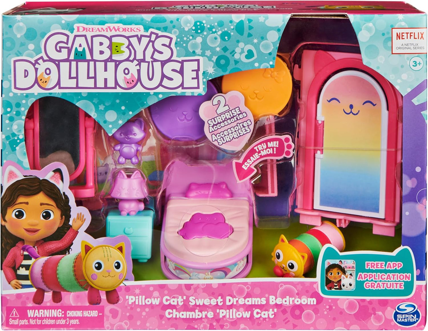 Casa de bonecas da Gabby, quarto "Doces Sonhos" com travesseiro em forma de gato e 3 acessórios, 3 móveis e 2 entregas. Brinquedo infantil para crianças a partir de 3 anos.