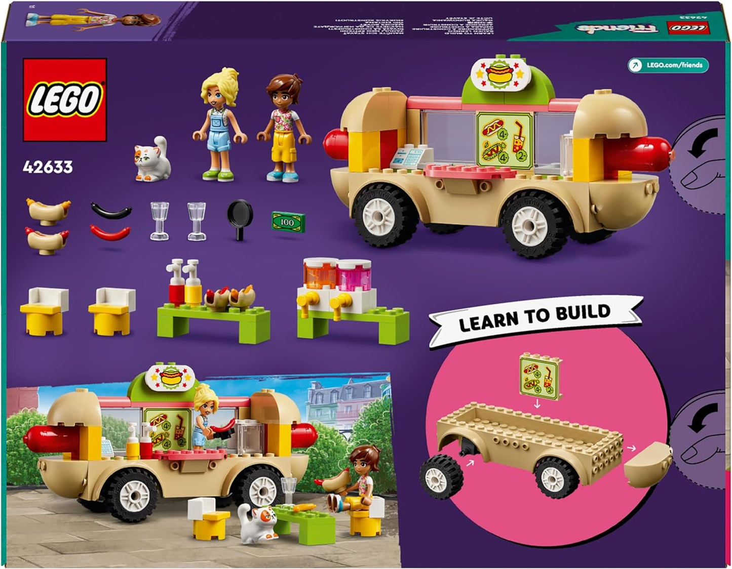 LEGO Brinquedo de caminhão de comida de cachorro-quente Friends para meninas, meninos e crianças de 4 anos ou mais, conjunto de veículos com personagens de miniboneca, figura de gato e acessórios de cozinha, brincadeira de fingir