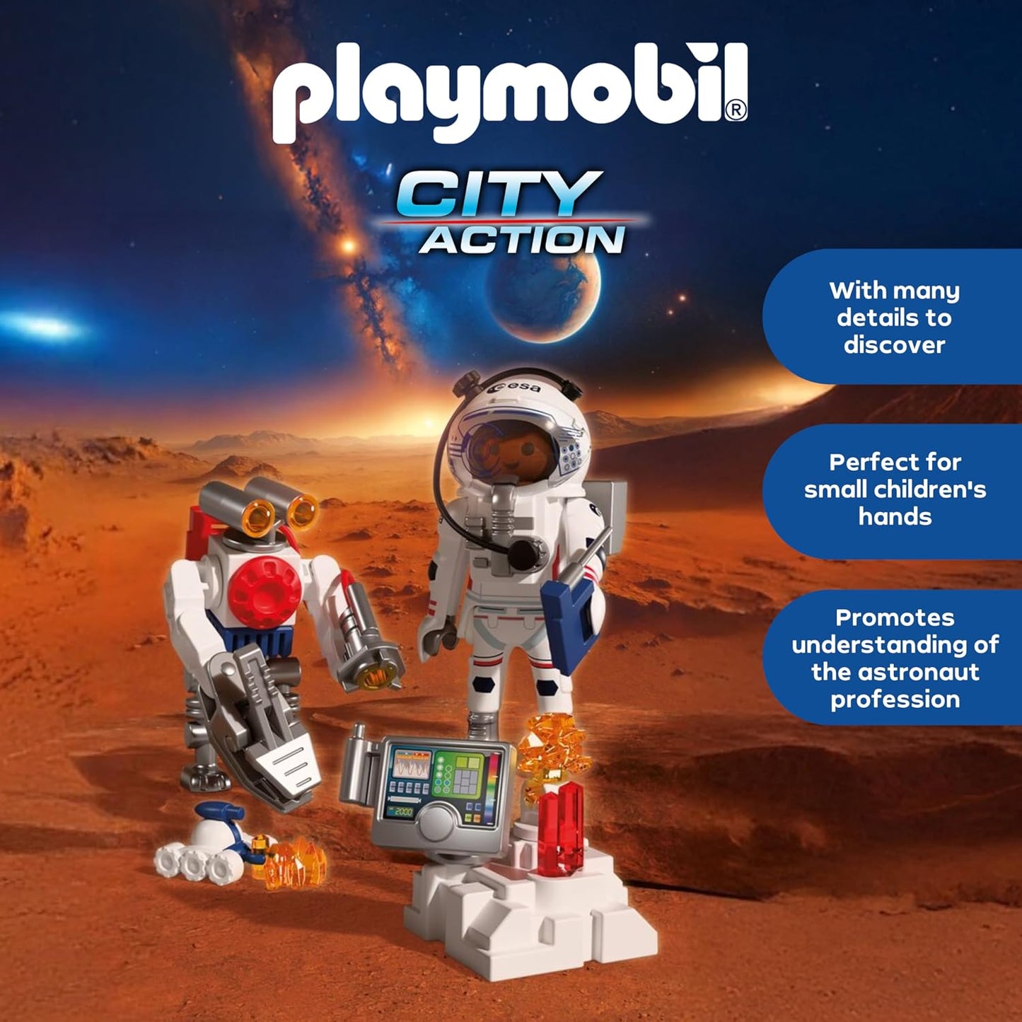 Playmobil | Espaço | ESA: Astronauta com Robô | Com Veículo de Exploração de Marte, Estação de Análise e 3 Amostras de Rocha | Conjunto de Exploração Espacial | Para Crianças a partir de 4 Anos | 72014