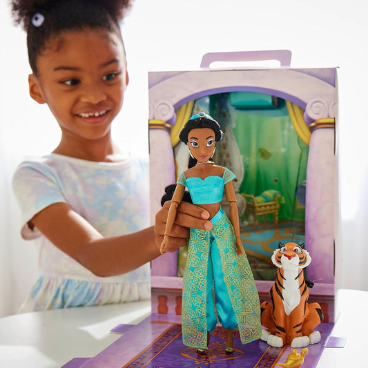 Disney Store Oficial Jasmine Disney Story Boneca para Crianças, Aladdin, 28cm/11”, Com Rajah, 2 Roupas, Acessórios, Colorir e Pacote de Atividades e Caixa que se Dobra para um Palco de Brincar