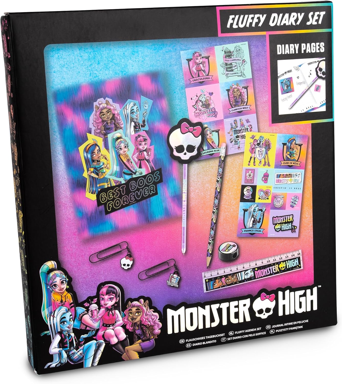 Monster High Kids Journal com caderno fofo, caneta de caveira, adesivos de diário, clipes de papel, régua, apontador de lápis, lápis - conjunto de papelaria infantil - presentes de aniversário para meninas - conjunto de diário secreto