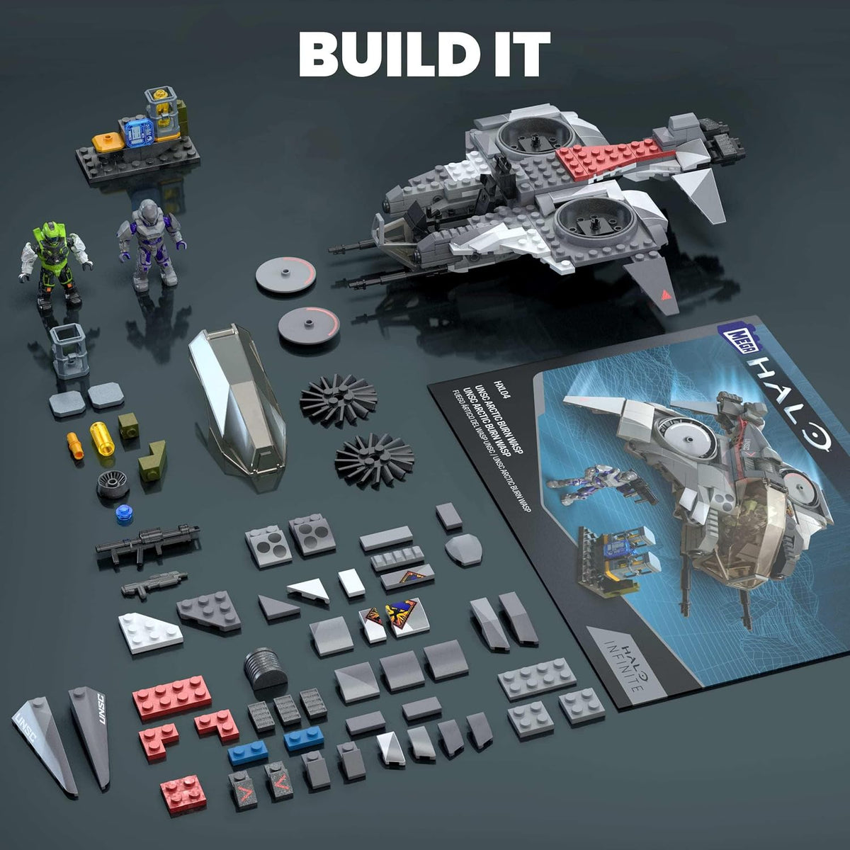 Mega Brinquedo de Montar Halo com Boneco de Ação – UNSC Arctic Burn Wasp, com 342 Peças e 2 Bonecos Articulados, para Colecionadores