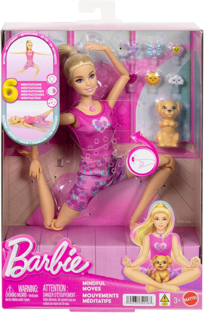 Barbie Mindful Moves Boneca com Roupa de Ioga com 6 Modos de Meditação Ativados por Luzes, Sons e Música, Cachorrinho com 6 Acessórios para Conectar, Loira, JJN55