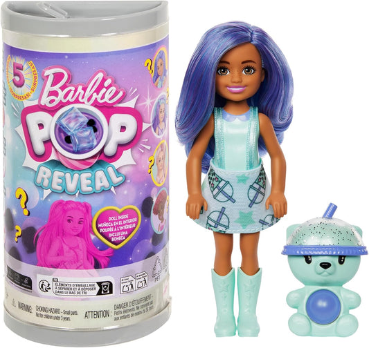 Muñeca Barbie Chelsea Pop Reveal Bubble Tea Series con paquete inspirado en latas de té y 5 sorpresas, incluida una pequeña muñeca perfumada y una mascota Pop-It (el estilo puede variar), HRK63