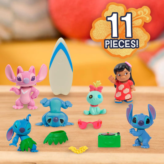 Just Play Disney Conjunto de figuras colecionáveis Stitch com acessórios, 11 peças, figuras de 5 cm, inclui Stitch, Lilo, Angel e Scrump, brinquedos colecionáveis, decoração para casa, para crianças a partir de 3 anos.