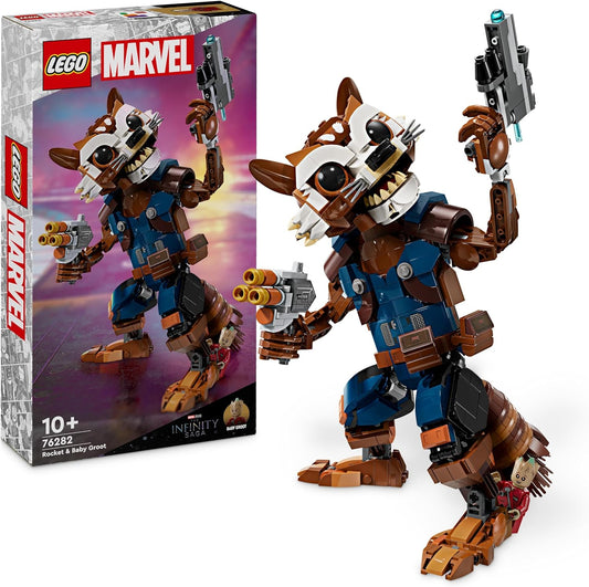 LEGO Marvel Rocket y Baby Groot, juguete para construir de Guardianes de la Galaxia, figura de acción de mapache para niños, niños y niñas, posibles regalos de superhéroe 76282