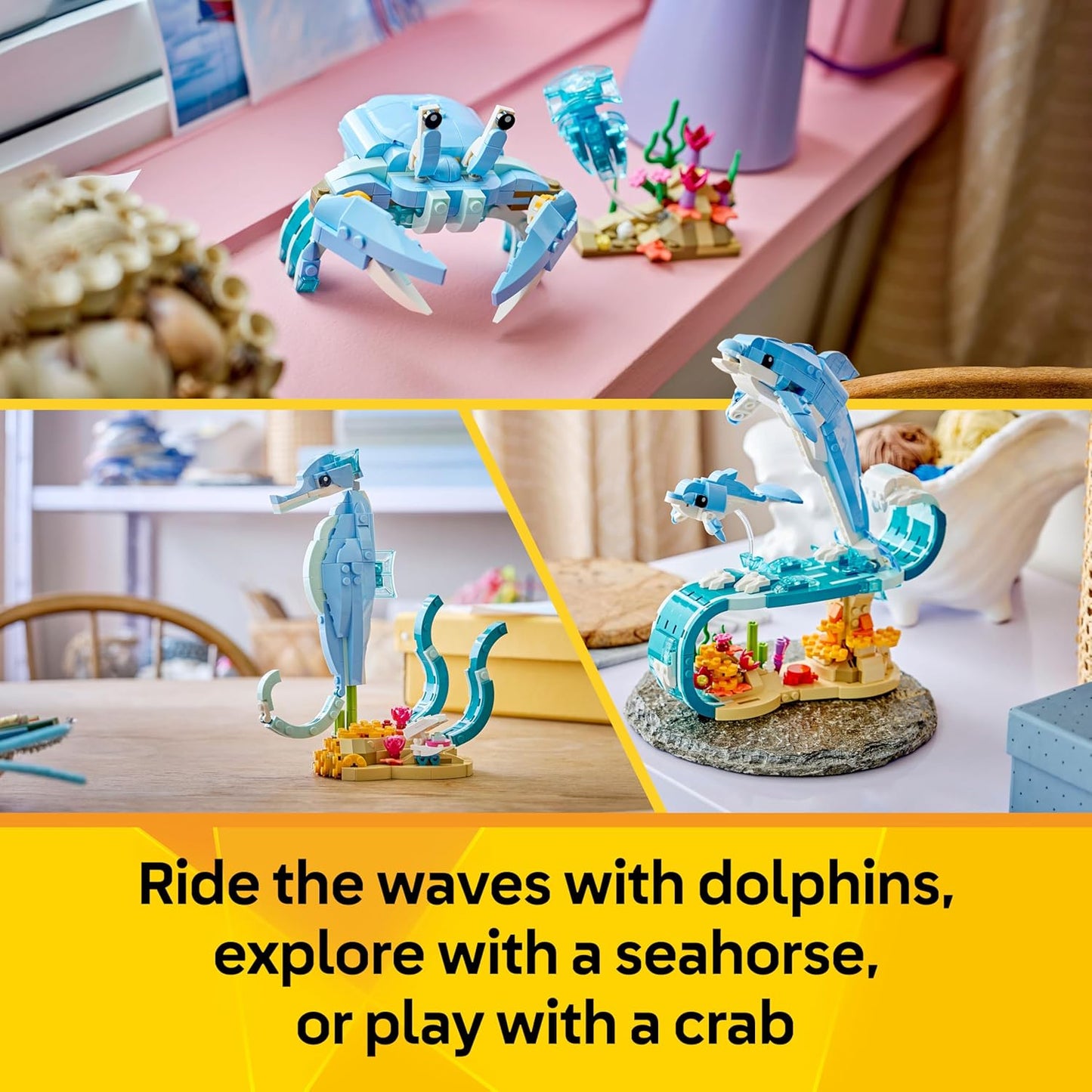 LEGO Creator 3 em 1 Animais Marinhos: Lindos Golfinhos de Brinquedo - Figura de Animal Marinho que se Transforma em Cavalo-Marinho ou Caranguejo - Ideia de Decoração DIY para o Quarto - Presente Criativo para Meninas e Meninos