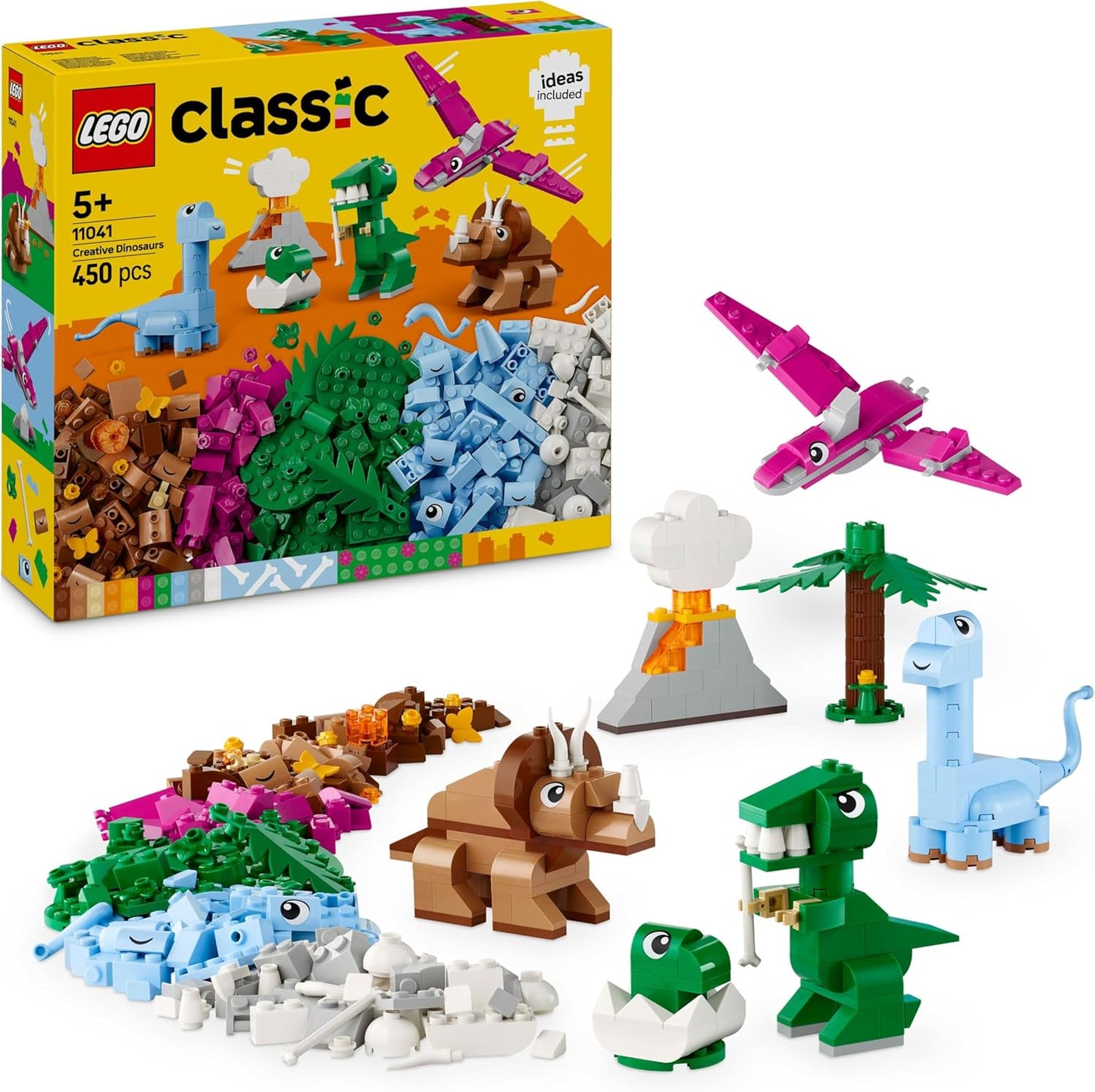 LEGO Conjunto de dinossauros criativos Classic, brinquedos de construção para crianças, peças variadas para brincadeiras imaginativas, inclui figuras de T. Rex e Triceratops Dino, presente de aniversário