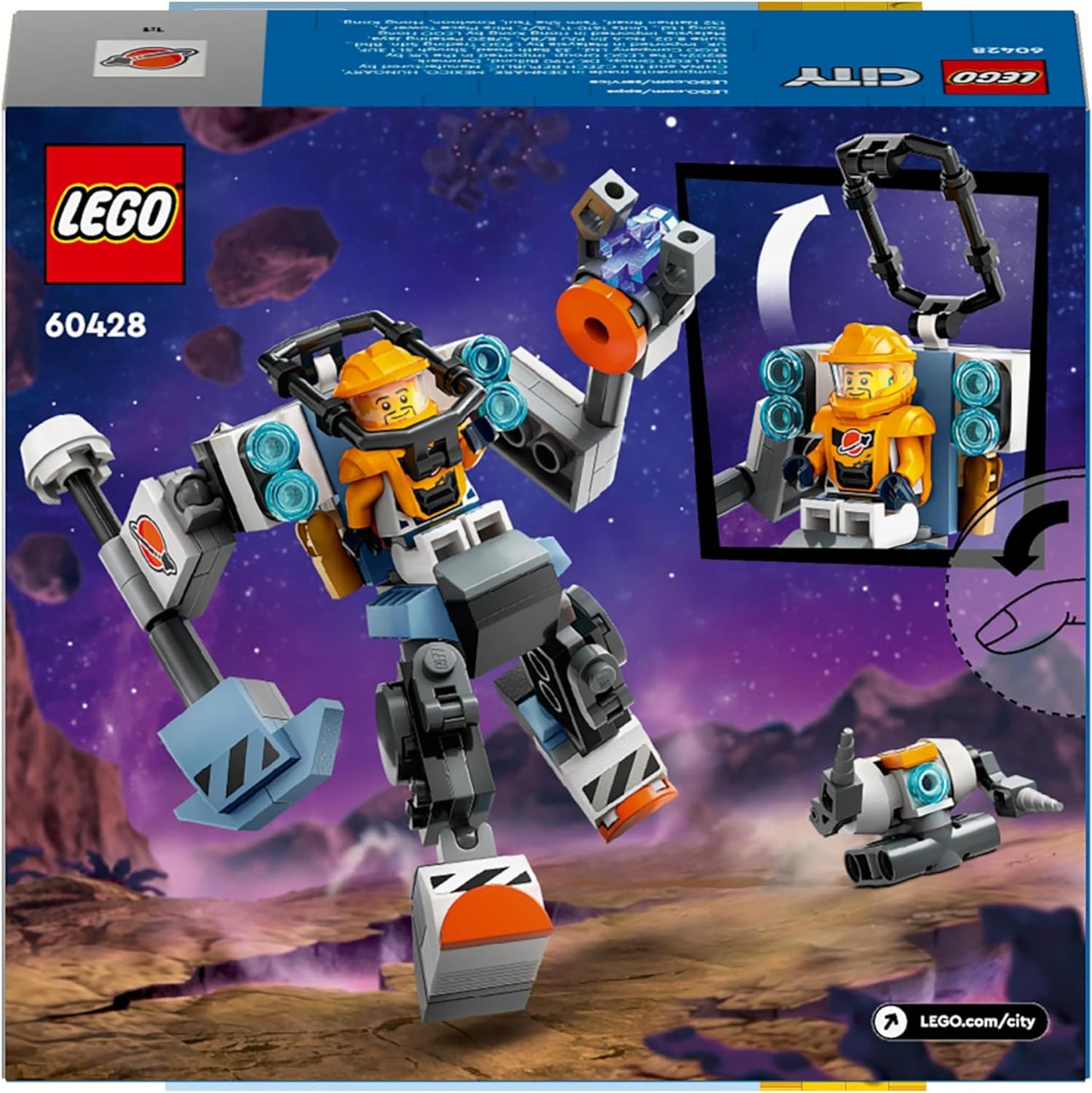 LEGO City Traje de mecánico de construcción espacial, figura de acción de juguete para niños, niños y niñas a partir de 6 años, juego de construcción con robot y minifigura de piloto, pequeña idea de regalo 60428