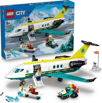 LEGO City - Avião de brinquedo com ambulância aérea de emergência - Modelo de avião médico - 3 minifiguras incluindo um médico e um piloto, além de uma motoneve, maca e ferramentas, presente para meninos a partir de 6 anos - 60465