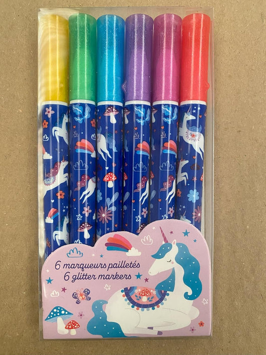 Janod - 6 Marcadores com Efeito Glitter - Tema Unicórnio - 6 Cores - Marcador Mágico para Desenhar, Colorir, Artesanato, Ideia de Presente para Adolescentes - Atividades Criativas - 6 Anos ou Mais - J08934
