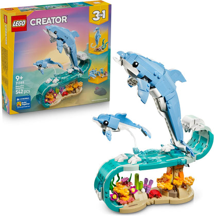 LEGO Creator 3 em 1 Animais Marinhos: Lindos Golfinhos de Brinquedo - Figura de Animal Marinho que se Transforma em Cavalo-Marinho ou Caranguejo - Ideia de Decoração DIY para o Quarto - Presente Criativo para Meninas e Meninos