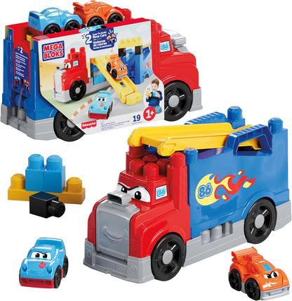 MEGA Brinquedo de blocos BLOKS First Builders "Build & Race Rig" para crianças pequenas; fácil de guardar — os blocos podem ser acomodados dentro do caminhão.