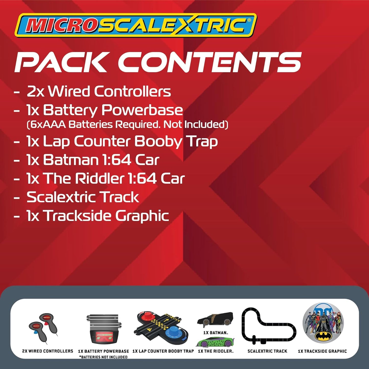 Scalextric Micro Scalextric - Batman vs The Riddler - Conjuntos de corrida movidos a bateria, pistas de corrida de Slot Car para crianças de 4 anos ou mais, inclui 2 carros, 1 conjunto de pistas, 1 base de bateria, 2 controladores e gráfico de pista