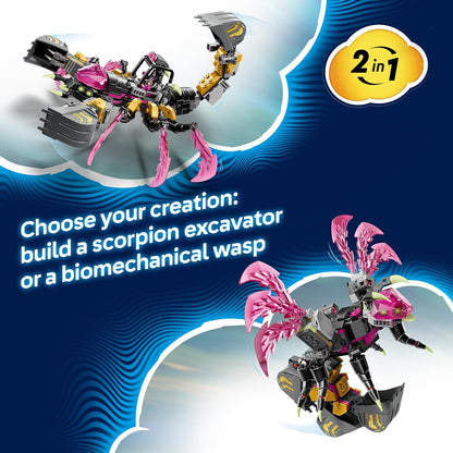 LEGO DREAMZzz 2 em 1 Escavadeira Escorpião Pesadelo - Transforma-se em uma figura de Vespa - Inclui 3 minifiguras e uma criatura colecionável laranja do tesouro - Presente para meninos a partir de 7 anos - 71513