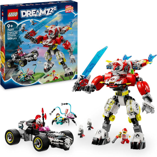 LEGO DREAMZzz 2 em 1 Cooper's Tiger Mech e Zero's Hot Rod Car Toy para meninos e meninas de 9 anos ou mais, conjunto com Mech Robot, Z-Blob e 3 minifiguras, presente de aniversário