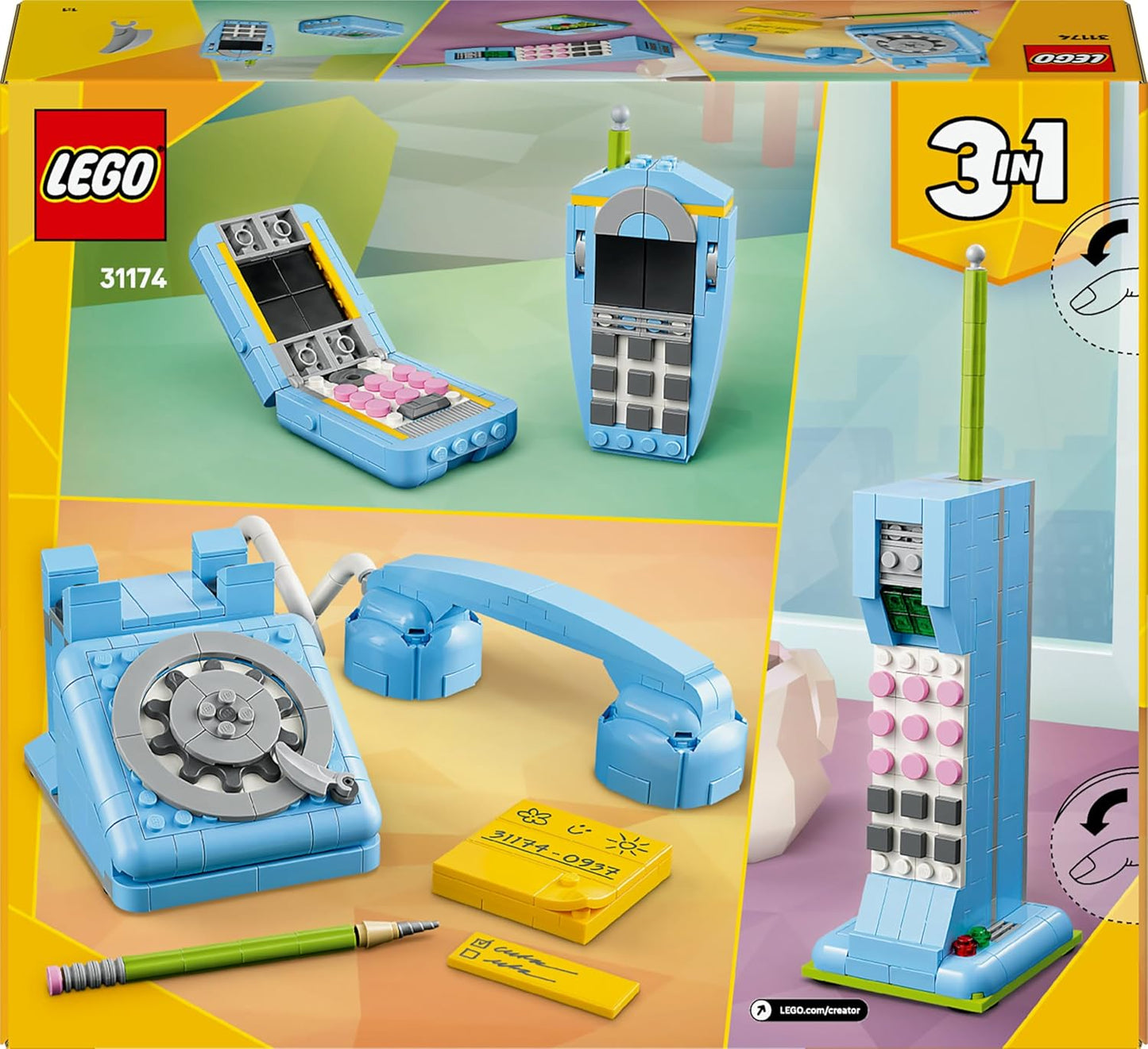 LEGO Creator 3 em 1 Telefone Retrô com Disco Giratório - Transforma-se em um modelo dos anos 80 ou em 2 celulares dos anos 2000 - Presente Criativo para Meninas e Meninos a partir de 8 Anos - 31174
