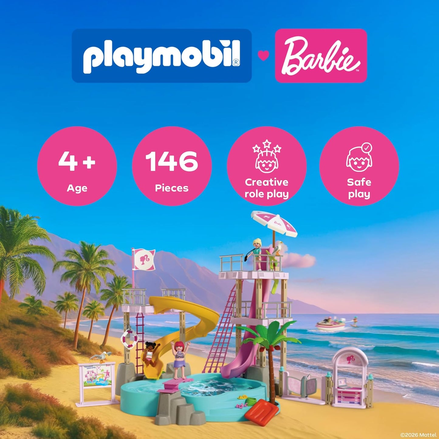Playmobil | Barbie | Parque Aquático | Aventura de Verão com Barbie, Nikki e Daisy | Grande parque aquático com água de verdade, escorregadores e piscina | Sonhos de verão em Malibu para crianças a partir de 4 anos | 72120
