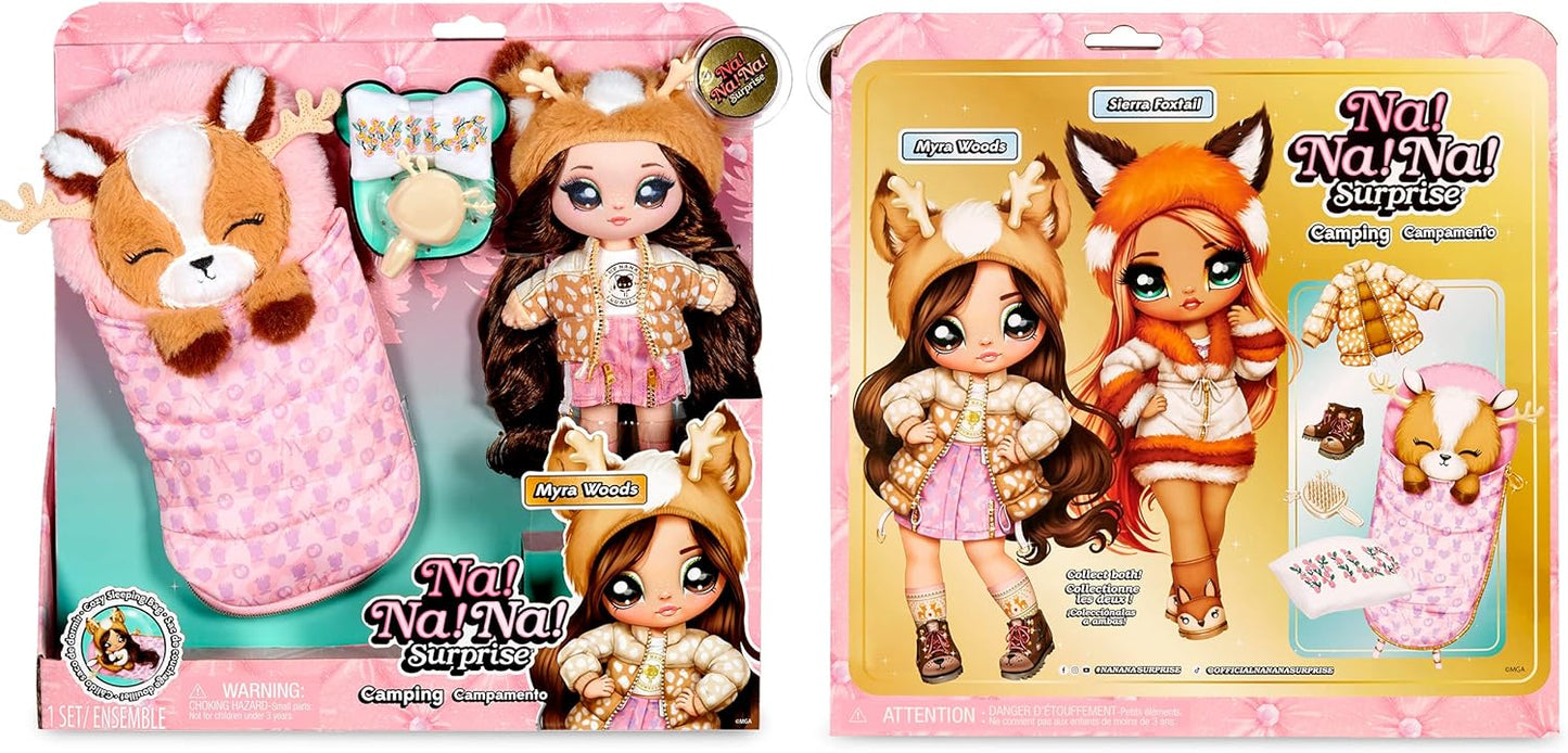 Serie de acampada sorpresa - MYRA WOODS - Muñeco de peluche suave inspirado en ciervos con pelo castaño y acogedor saco de dormir de animales - Incluye traje, almohada y cepillo - Coleccionable - Para niños a partir de 5 años, 28 cm