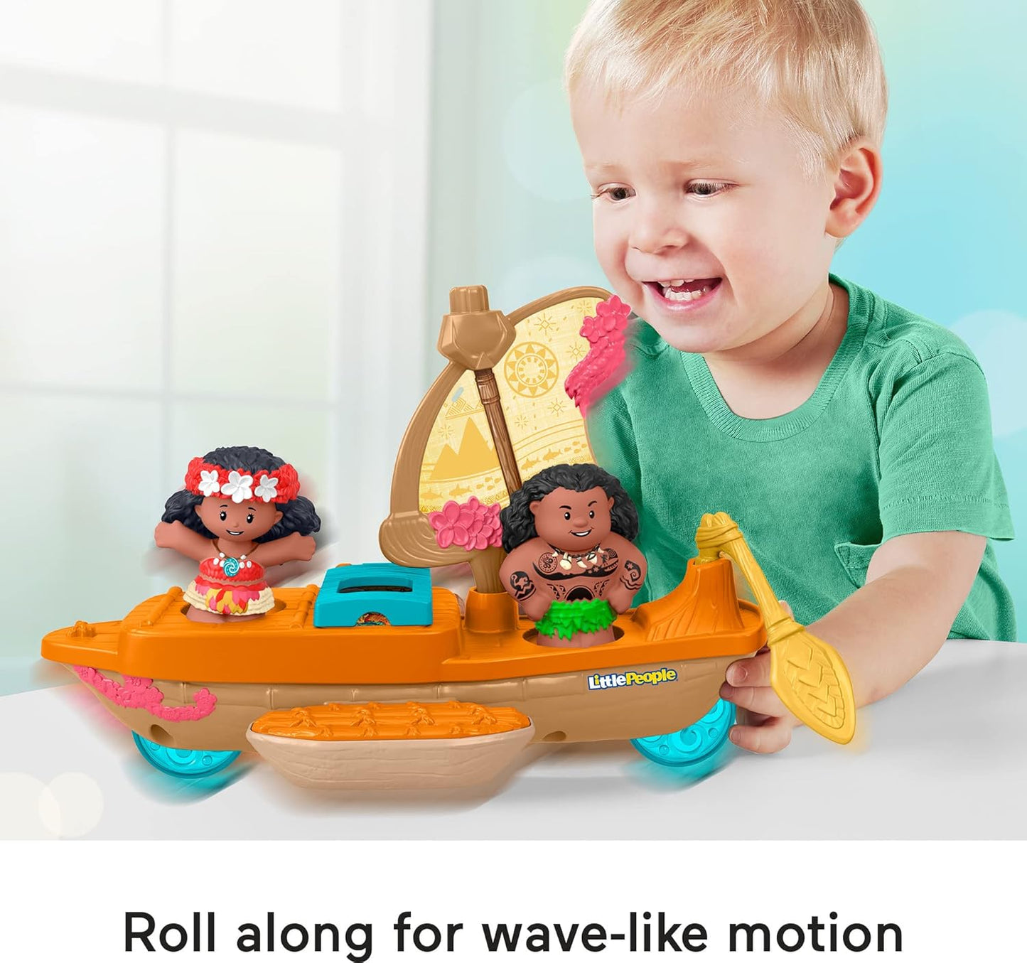 Brinquedo Fisher-Price Little People para crianças pequenas: Canoa à Vela da Princesa Moana e do Maui da Disney com figuras para brincar de faz de conta. Idade recomendada: 18+ meses. HNR27