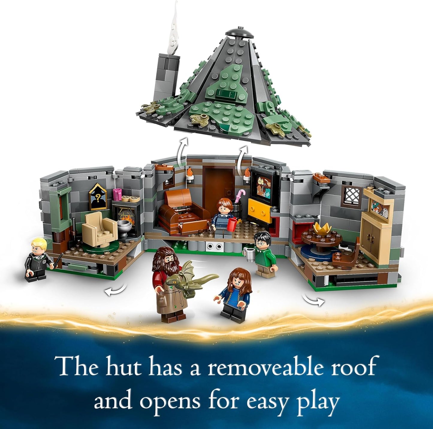 LEGO Harry Potter Cabaña de Hagrid: Una visita inesperada, Casa de juegos para niños, niños y niñas mayores de 8 años, Incluye figuras de dragón y perro, además de minifiguras de 5 personajes de Hermione y Ron, Idea de regalo 76428