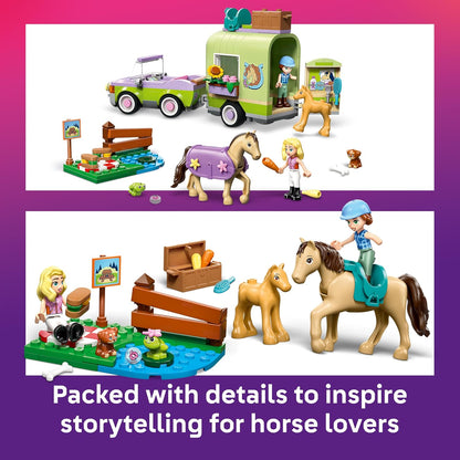 LEGO Friends Reboque para Cavalo e Potro - Conjunto de Brinquedo com Acessórios de Higiene, 4 Figuras de Animais, Carro e 2 Mini Bonecas - Ideia de Presente de Aniversário para Meninas a partir de 7 Anos - 42695