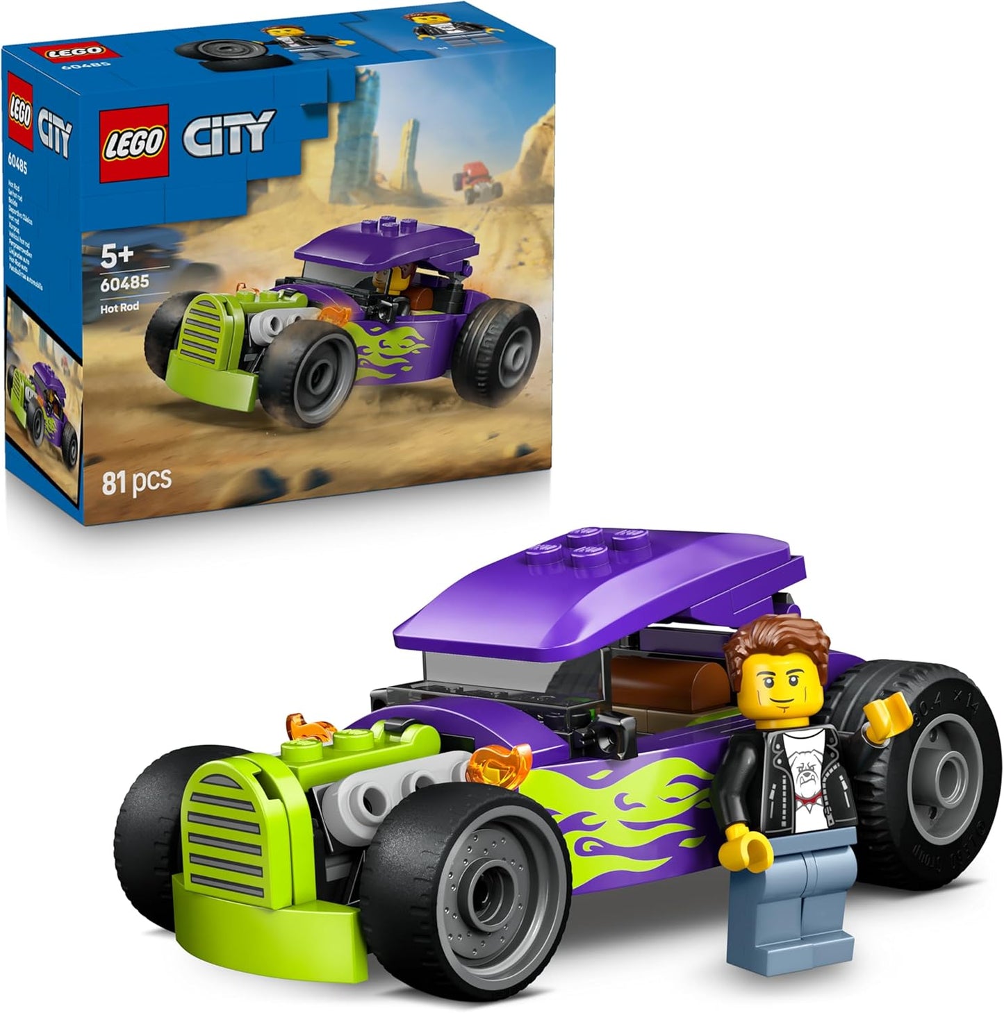 LEGO City Hot Rod - Carro de Corrida de Brinquedo com Minifigura de Piloto e Teto Dobrável - Conjunto de Construção para Desenvolvimento da Coordenação Motora Fina - Ideal para Presente de Aniversário para Meninos a partir de 5 Anos - 60485