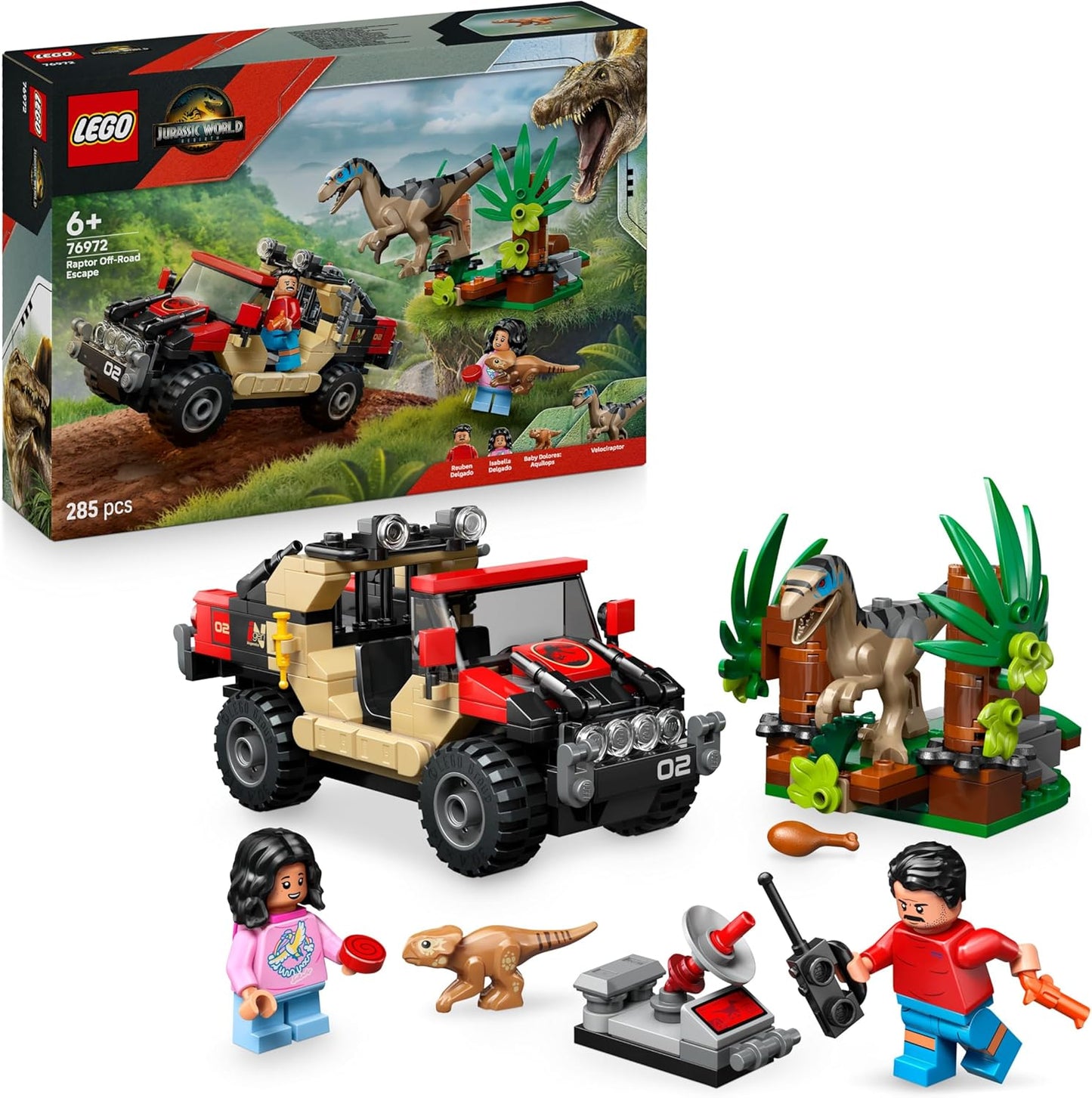 LEGO Jurassic World Raptor Off-Road Escape Dinossauro Brinquedo - inclui 2 figuras de dinossauro, carro off-road e 2 minifiguras - Presente para meninos e meninas a partir de 6 anos e fãs do filme Rebirth - 76972