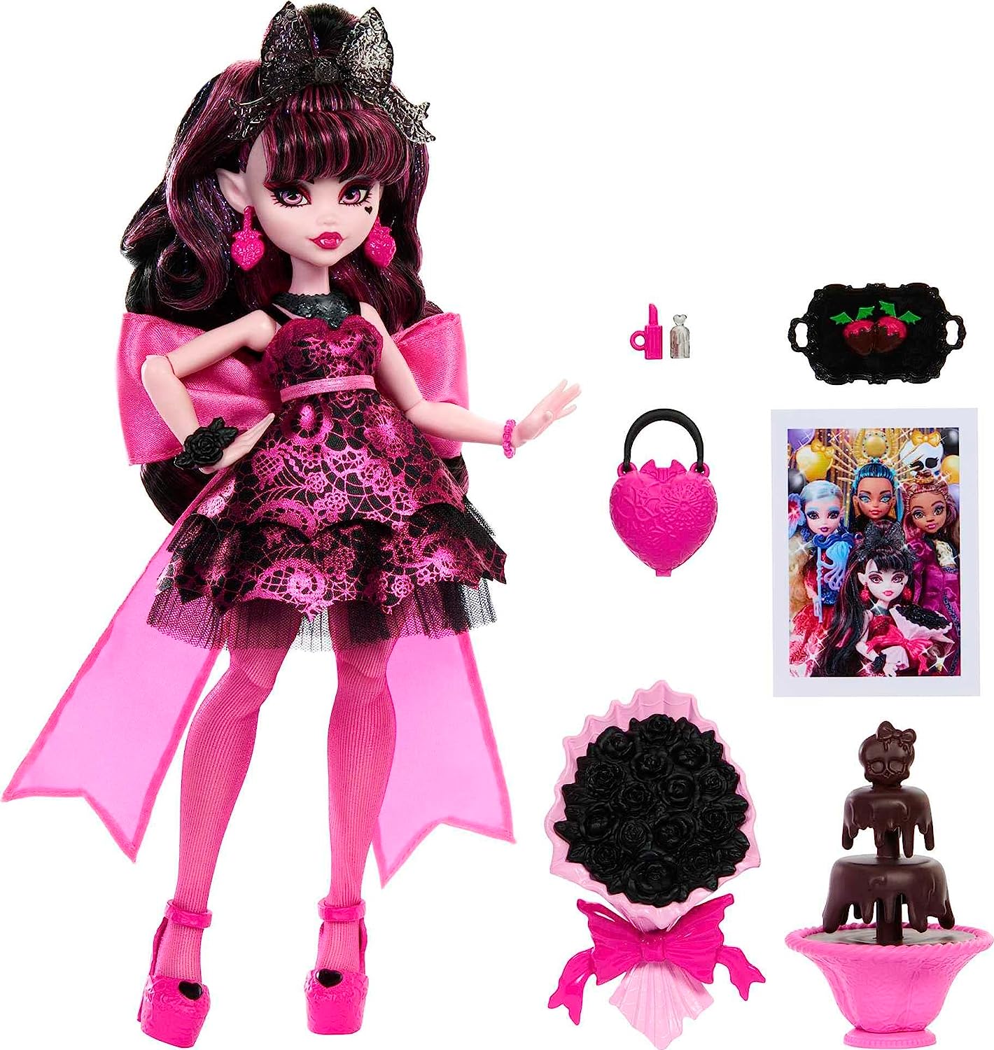 Monster High Boneca Draculaura em vestido de festa Monster Ball com acessórios temáticos como fonte de chocolate