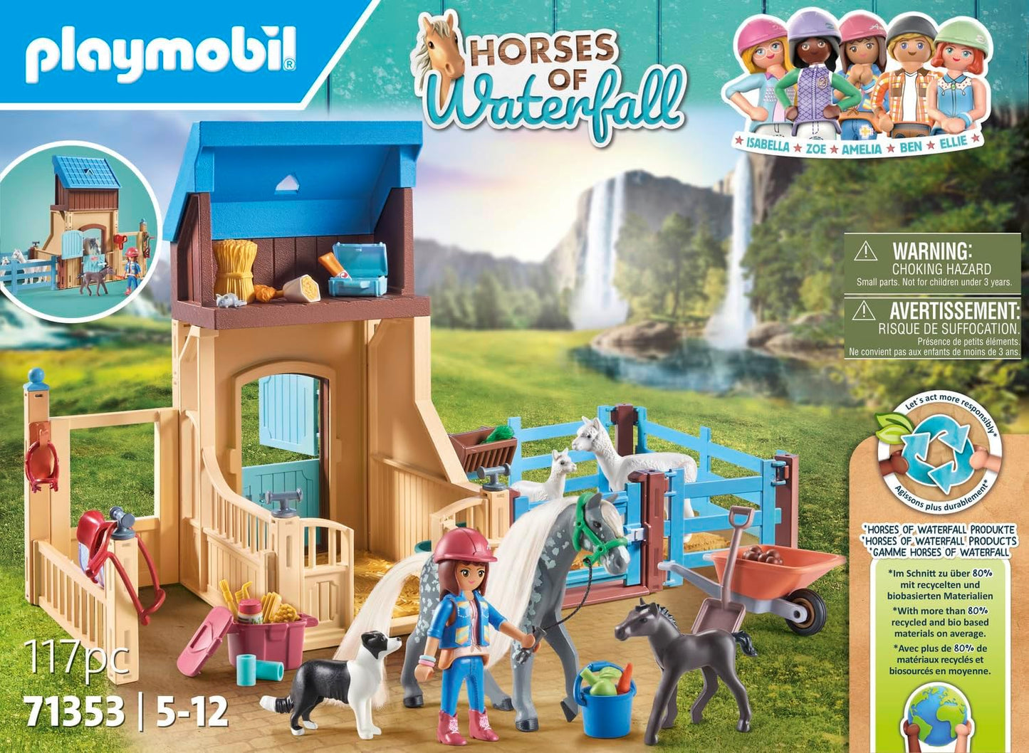 Playmobil 71353 Horses of Waterfall Horse Stall com Amelia e Whisper, aventuras no pitoresco Waterfall Ranch, encenação divertida e imaginativa, conjuntos de jogos sustentáveis adequados para crianças a partir de 5 anos