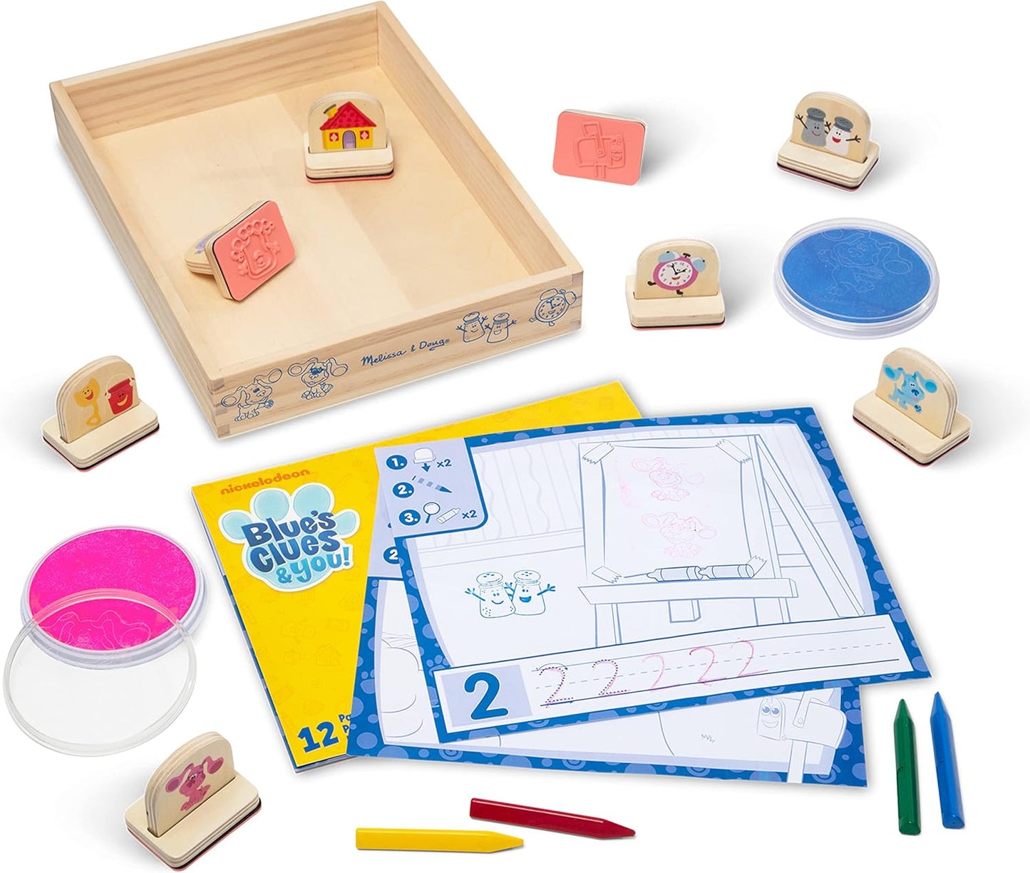 ¡Las pistas de Melissa y Doug Blue y tú! Sellos con mango de madera y bloc de actividades.