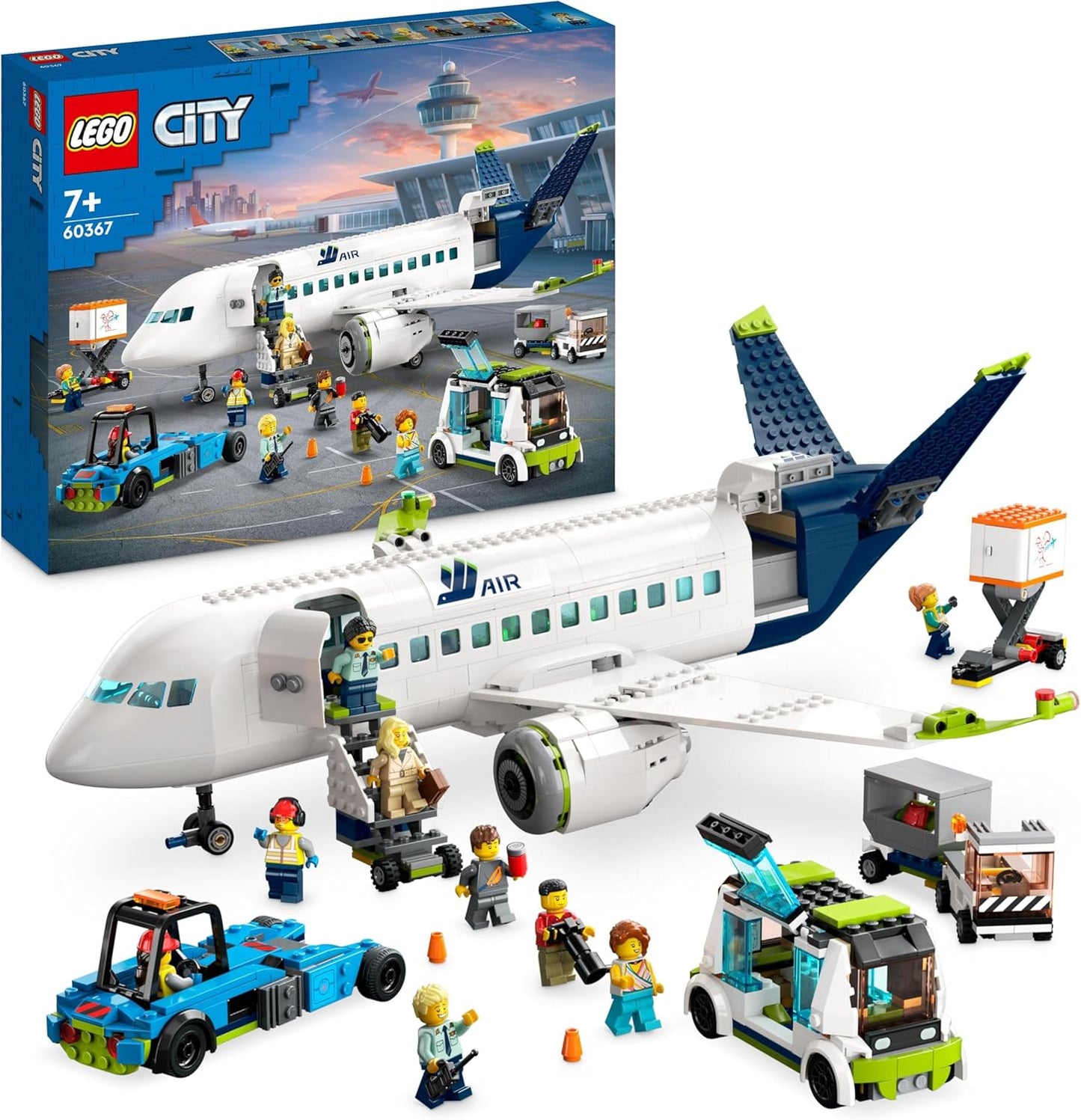 LEGO Conjunto de construção City Avião de Passageiros, modelo de avião grande com veículos da equipe de solo do aeroporto: ônibus de pátio, trator de reboque, carregador de catering, caminhão de bagagem e 9 minifiguras 60367