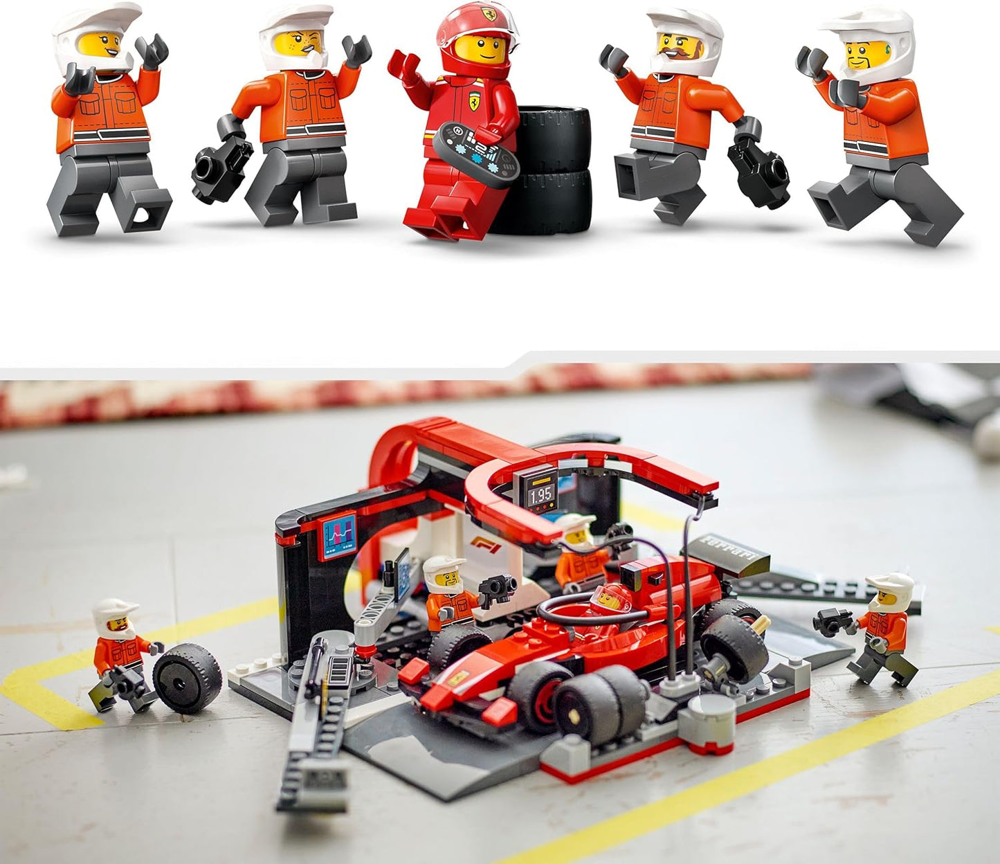 LEGO City F1 Pit Stop e Pit Crew com Ferrari Car Toy - Conjunto de Fórmula 1 incl. uma minifigura de motorista, 4 mecânicos, pneus sobressalentes e armas de roda - brinquedos de construção para meninos e meninas com mais de 6 anos