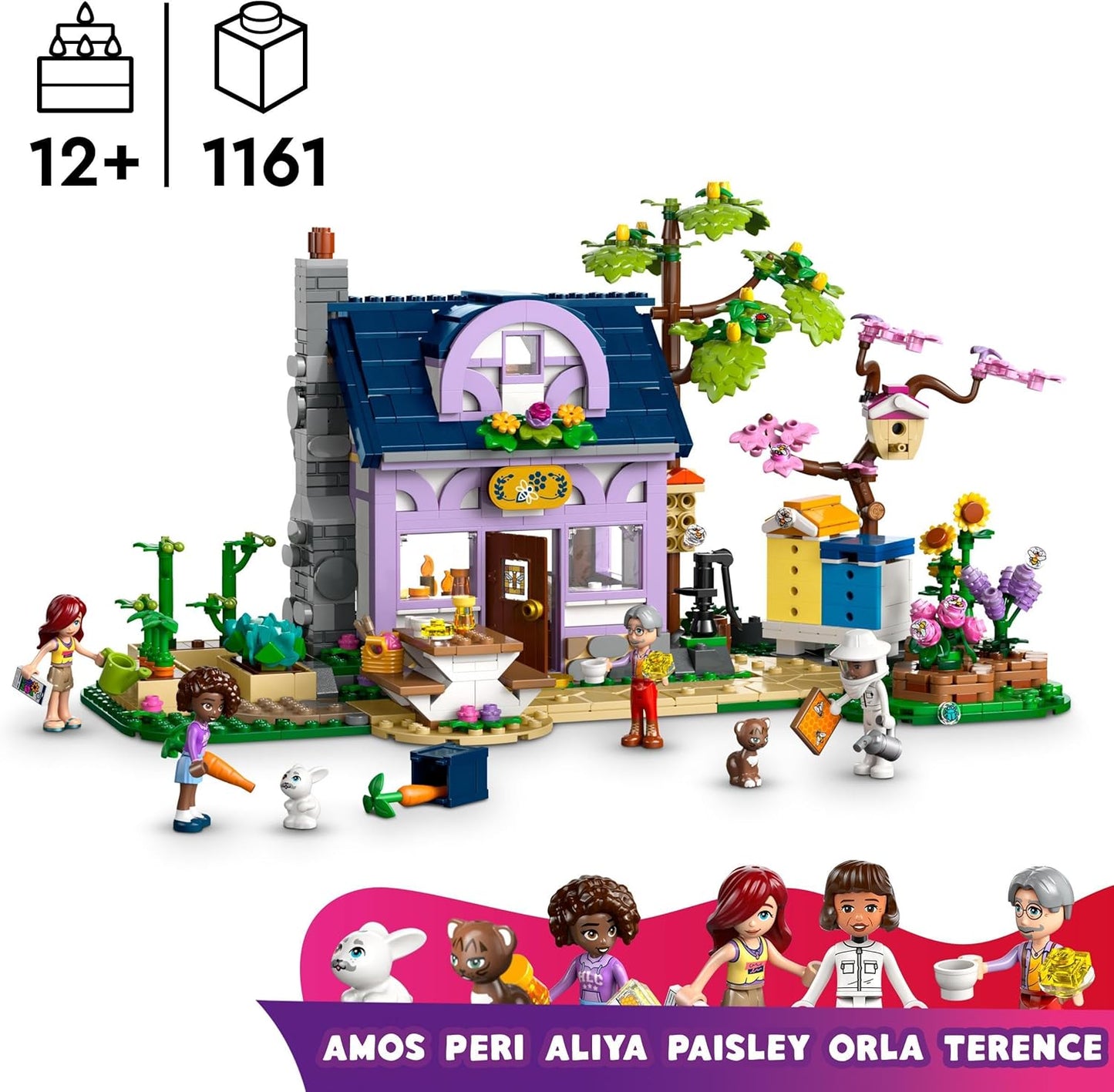 LEGO Conjunto de casa de apicultores e jardim de flores Friends, brinquedo criativo para crianças e adolescentes, com 4 minibonecas, figuras de animais de gato e coelho, além de acessórios