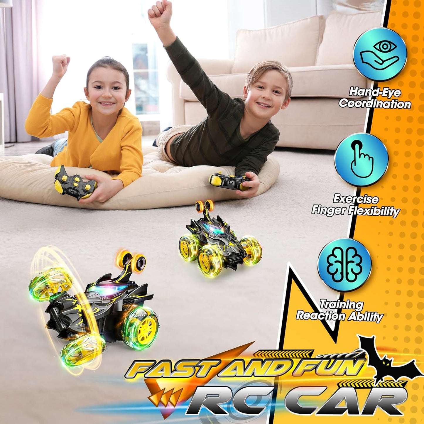 Braxel Carros de controle remoto com giro de 360°, BatToy Man, brinquedos infantis para meninos de 3 a 9 anos, carro de controle remoto com LED para meninos de 3 a 11 anos, presente antecipado.