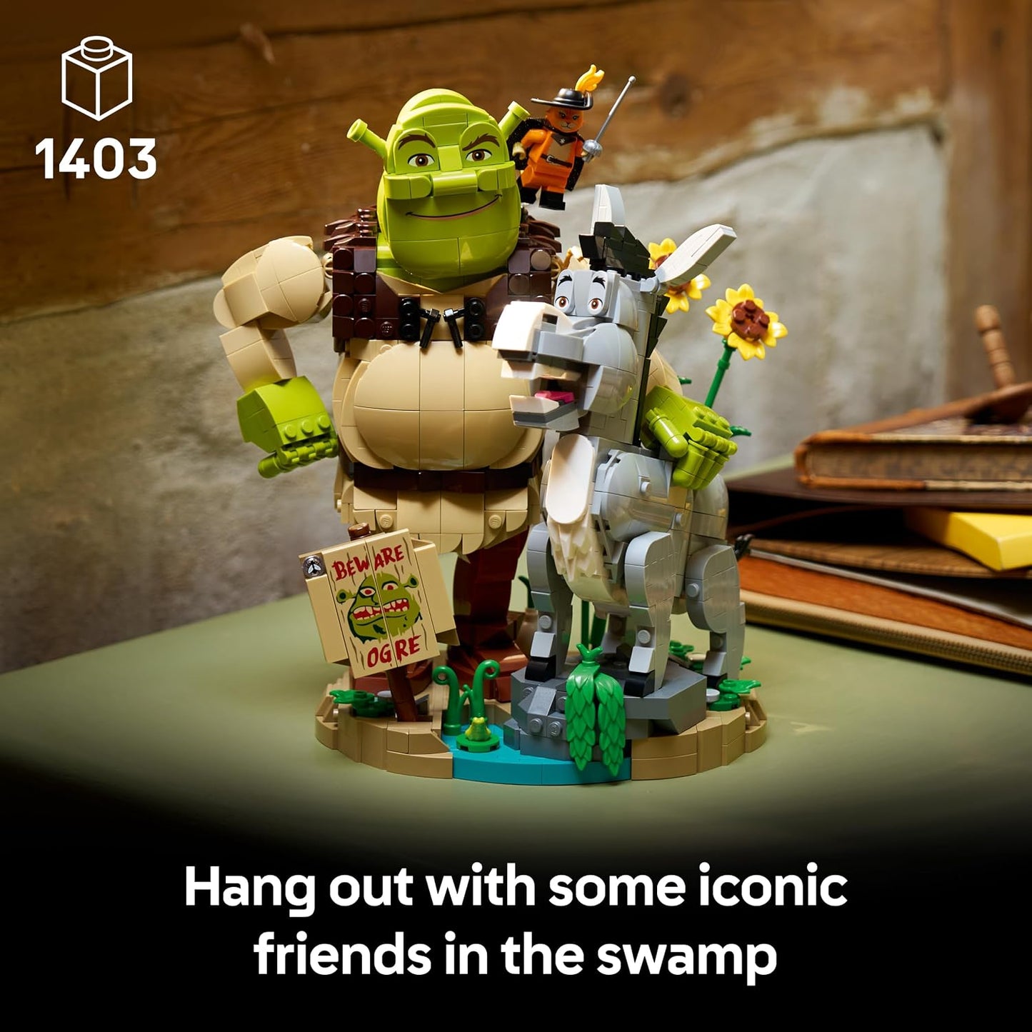 LEGO Shrek, Burro e Gato de Botas – Kit de Modelo Colecionável para Adultos – Conjunto de Exibição com 3 Figuras para Decoração de Prateleira ou Mesa – Ideia de Presente Nostálgico para Fãs – 72423