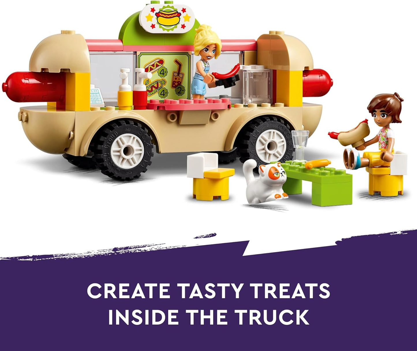 LEGO Brinquedo de caminhão de comida de cachorro-quente Friends para meninas, meninos e crianças de 4 anos ou mais, conjunto de veículos com personagens de miniboneca, figura de gato e acessórios de cozinha, brincadeira de fingir