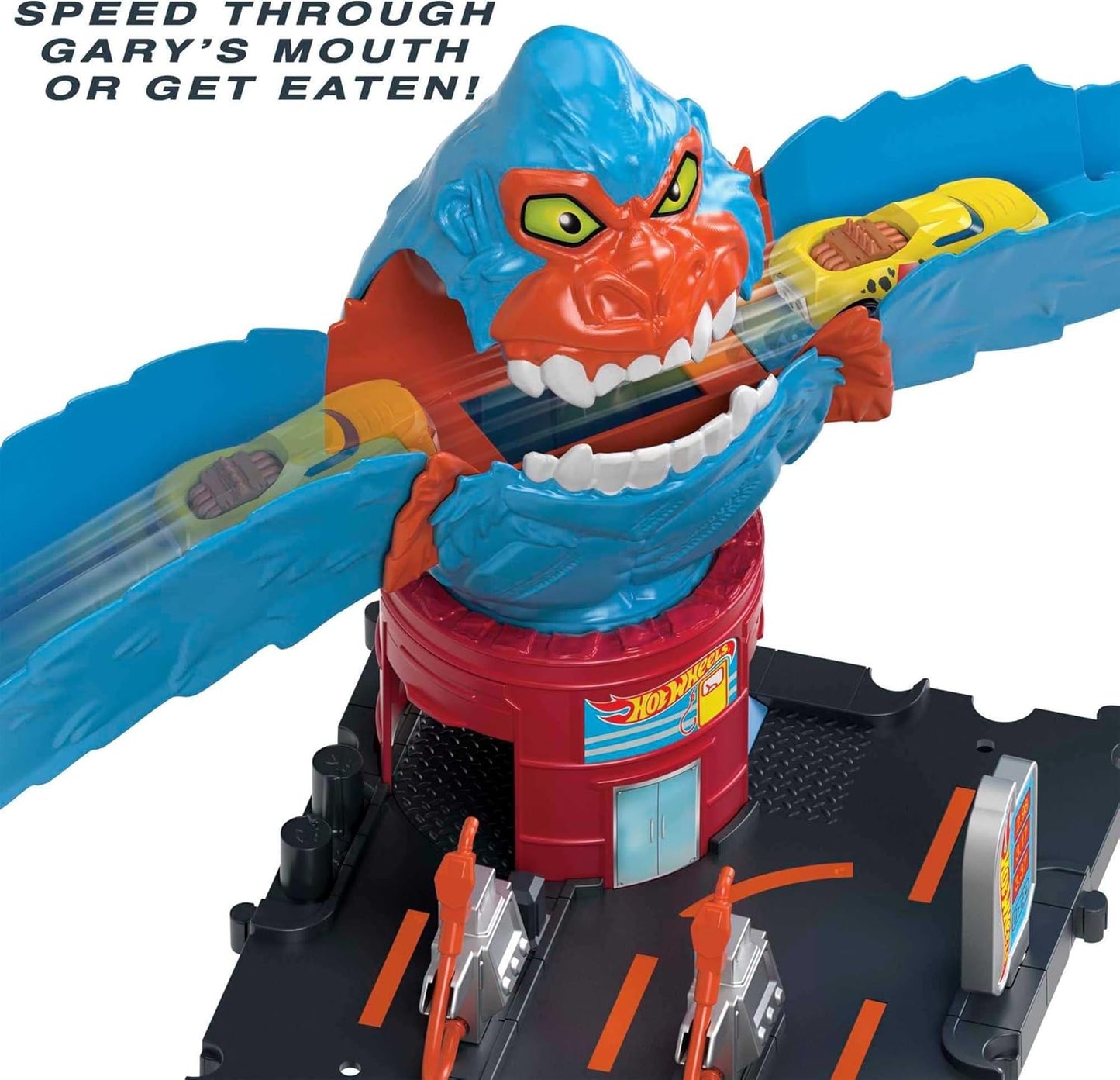 Hot Wheels City Wreck & Ride Gorilla Attack com 1 carro Hot Wheels, conecta-se a outros conjuntos, com tema de posto de gasolina, presente para crianças 4+