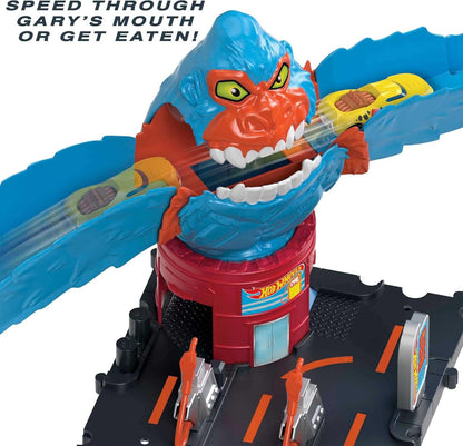 Hot Wheels City Wreck & Ride Gorilla Attack com 1 carro Hot Wheels, conecta-se a outros conjuntos, com tema de posto de gasolina, presente para crianças 4+
