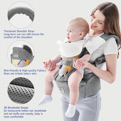 Bellababy Canguru para Bebê Multifuncional com Assento de Quadril (Posição Ergonômica em M) para Bebês de 3 a 36 Meses, 6 Formas de Carregar, Ideal para Todas as Estações, Tamanho Ajustável, Perfeito para Compras e Viagens, Cinza