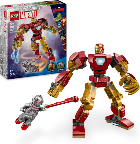 LEGO Marvel Homem de Ferro Mech vs. Ultron - Brinquedo de super-herói montável com 2 minifiguras - Conjunto de figuras para construir e brincar - Presente de aniversário dos Vingadores para meninos e meninas de 6 anos ou mais