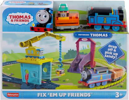 Thomas & Friends Conjunto de Trem Motorizado Fix 'em Up Friends com Carly, o Guindaste, e Sandy, o Trem de Precisão, para Crianças em Idade Pré-escolar a partir de 3 Anos, HDY58, Não Aplicável